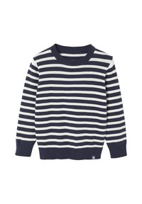 Navy- und weiß gestreifter Pullover mit Rundhalsausschnitt. Mit gerippten Bündchen und Saum. Aus leichtem Strickmaterial gefertigt.