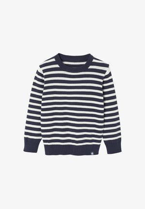 Navy- und weiß gestreifter Pullover mit Rundhalsausschnitt. Mit gerippten Bündchen und Saum. Aus leichtem Strickmaterial gefertigt.