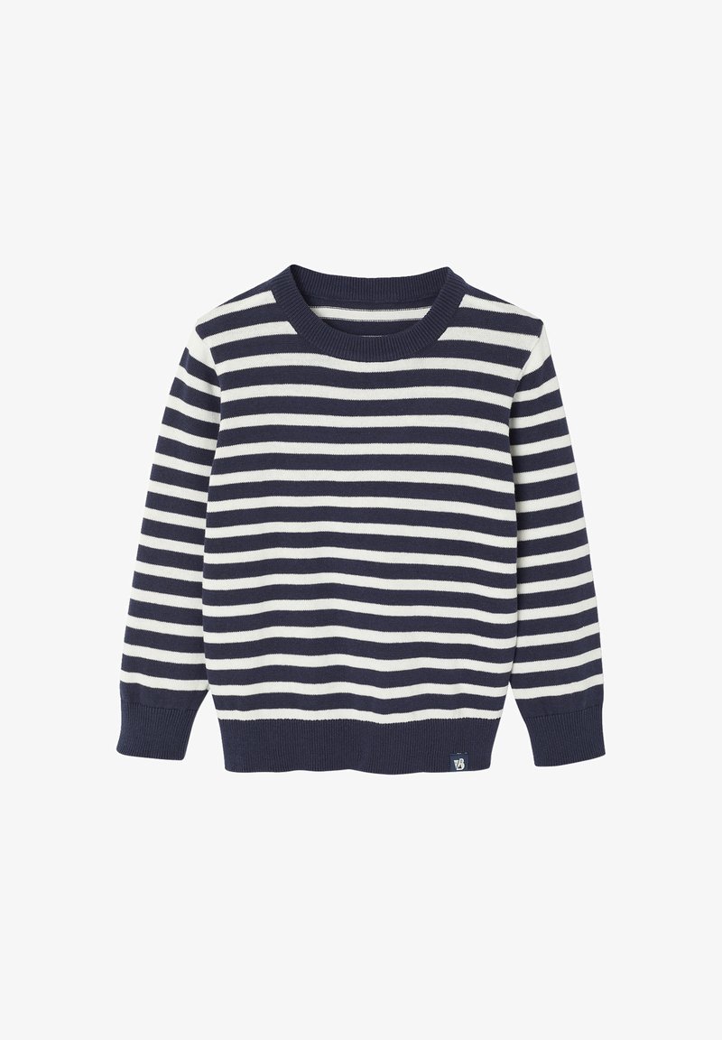Navy- und weiß gestreifter Pullover mit Rundhalsausschnitt. Mit gerippten Bündchen und Saum. Aus leichtem Strickmaterial gefertigt.