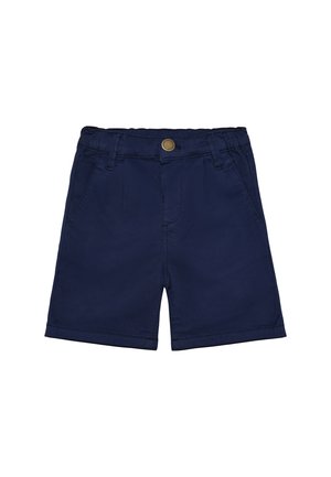 Donkerblauwe shorts gemaakt van glad katoenen stof, met een knoopsluiting aan de voorkant, riemlussen en twee zijzakken. Recht model.