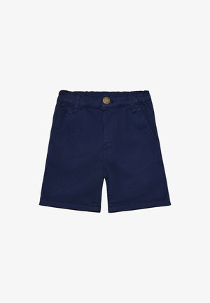 Pantaloncini blu navy realizzati in tessuto di cotone liscio, con chiusura frontale con bottoni, passanti per cintura e due tasche laterali. Design a gamba dritta.