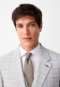 Traje de cuadros en gris claro con solapa de pico, camisa blanca y corbata marrón texturizada con lunares blancos. Toque sutil de rojo en la chaqueta.