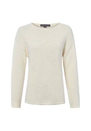 Gebreide trui met lange mouwen in roomkleur, met geribbelde structuur, ronde hals, losse pasvorm en merklapje aan de binnenkant van de kraag.
