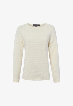 Langärmliger, cremefarbener, gerippter Strickpullover mit rundem Ausschnitt, legerer Passform und Markenlabel innen im Kragen.