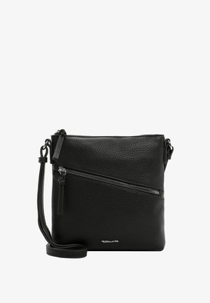Melnas ādas crossbody soma ar teksturētu apdari, ar priekšējo rāvējslēdzēja kabatu un regulējamu siksnu. Minimalistisks dizains ar nelielu zīmola identifikāciju.
