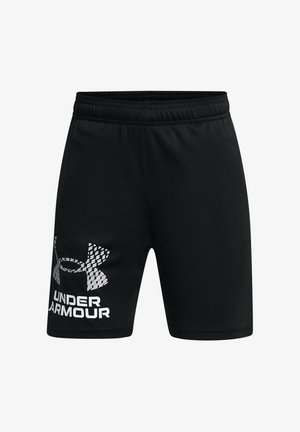 Shorts de sport noirs avec taille élastique et grand logo blanc Under Armour sur la jambe gauche.