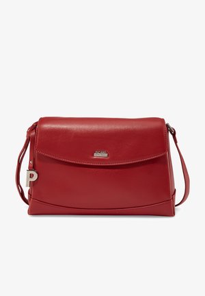 Red leather handbag with a flap closure, adjustable strap, curved design, and silver logo detail. Textured surface with a smooth finish.