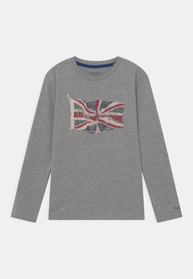 Graues Langarm-T-Shirt aus Baumwolle mit einem abgenutzten Union Jack-Aufdruck auf der Vorderseite und dem Text "Pepe Jeans" in der Mitte.