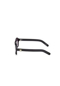 Black plastic sunglasses with dark lenses, featuring a gold logo on the side. Wide, rectangular frame design with curved temples.