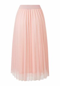 Falda midi con pliegues en suave tela rosa, que presenta una amplia cinturilla elástica y una textura ligera y transparente para un aspecto etéreo.
