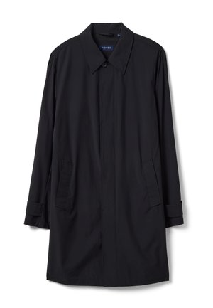 Trench coat da uomo nero a maniche lunghe con colletto appuntito, due tasche frontali, polsini con bottoni e bottoni frontali nascosti.