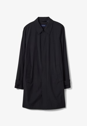 Schwarzer Herren-Trenchcoat mit langen Ärmeln, spitzem Kragen, zwei Vordertaschen, geknöpften Manschetten und verdeckten Frontknöpfen.