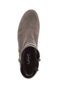 Gray suede ankle boot with a rounded toe, side zipper, and a smooth texture. Interior features a branded insole.