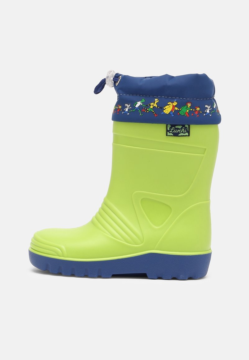 Botte de pluie verte brillante pour enfants avec semelle et bord bleu, ornée de personnages d'animaux colorés en pleine course et dotée d'une fermeture à cordon de serrage.