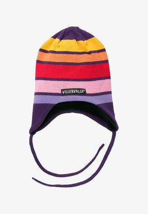 Sweter z dzianiny w kolorze fioletowym, pomarańczowym, czerwonym i różowym w paski. Posiada uszy i wiązania. Etykieta z marką z przodu. Wykonany z miękkiego materiału.