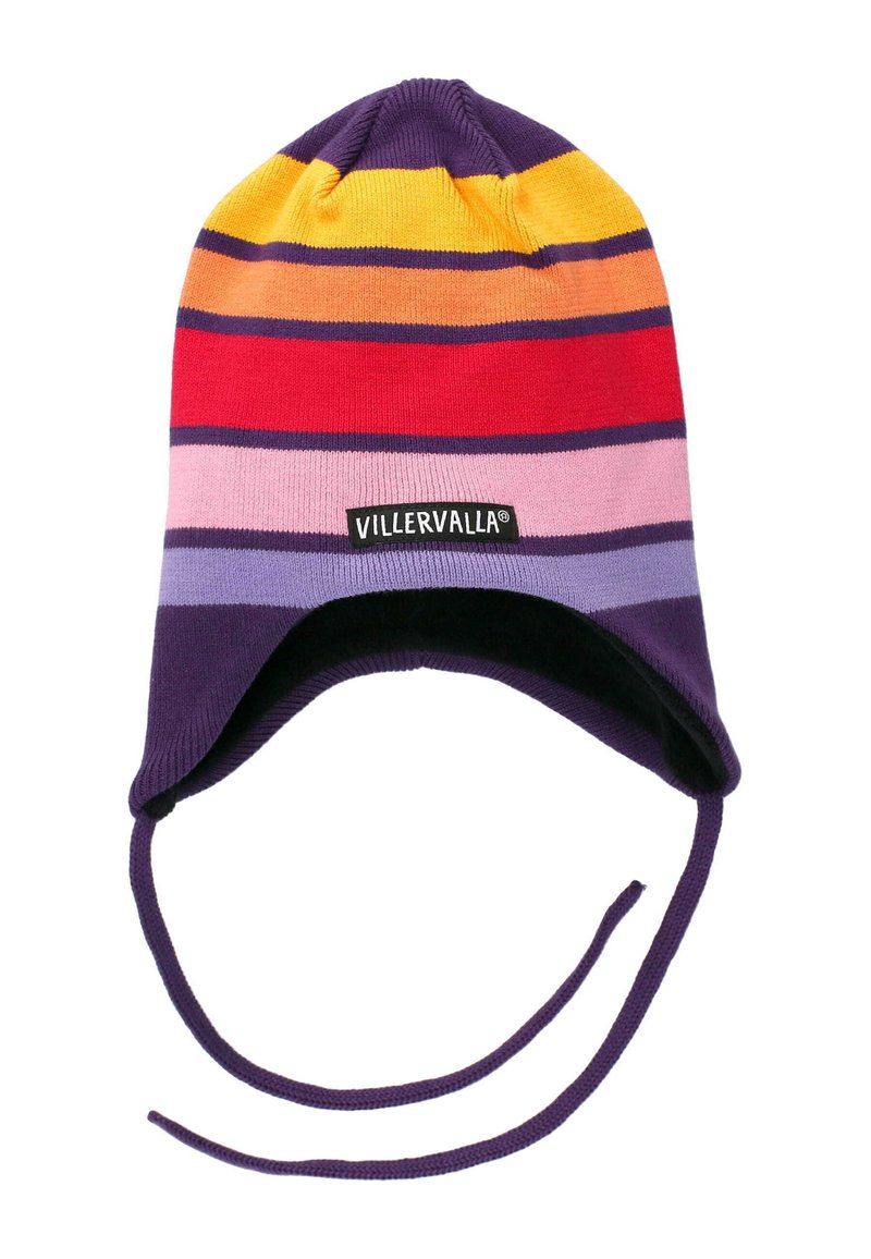 Knitted beanie with purple, orange, red, and pink stripes. Features ear flaps and ties. Branding tag on front. Made of soft material.