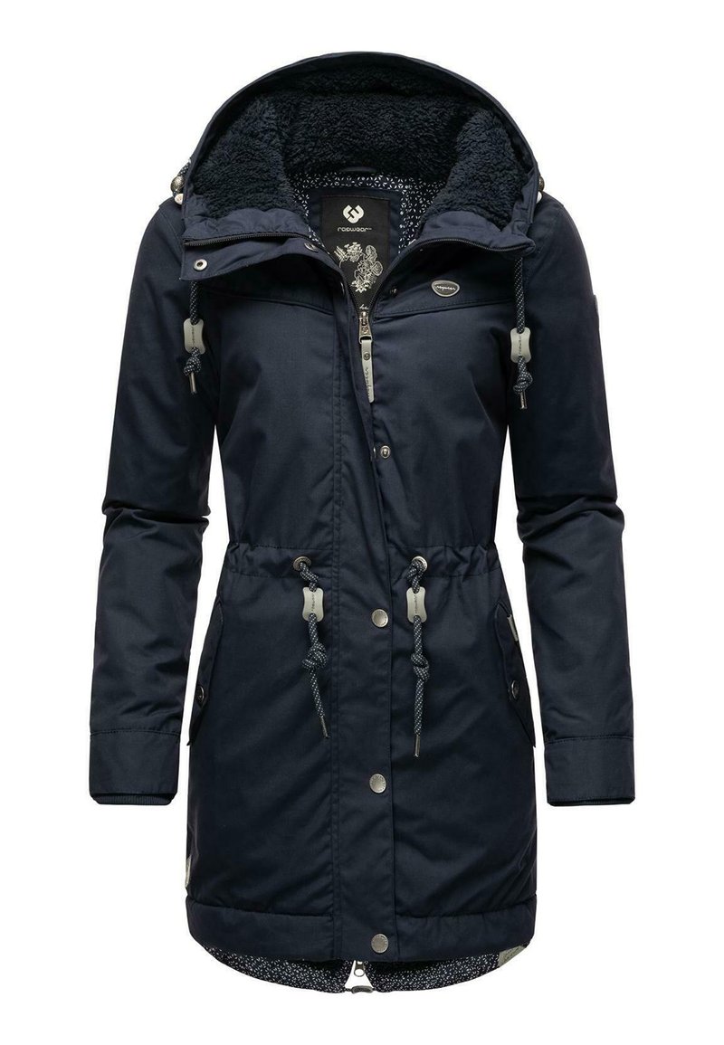 Parka albastru marin cu glugă texturată, căptușită cu fleece, talie cu șnur și închidere cu fermoar frontal. Întrebuințează două buzunare laterale și căptușeală cu un model.