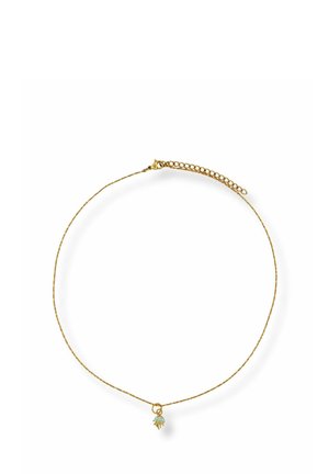 Delicate gold chain necklace with a small dangling turquoise and gold charm, featuring an adjustable clasp and extension links.