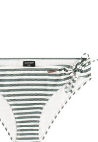Gestreifte Bikinihose in Grün und Weiß mit einer Bindeschließe an der Seite. Sie zeichnet sich durch eine glatte Textur und kontrastierende Nähte aus.
