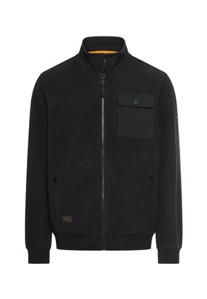 Zwarte fleecejas met voorrits, borstzak met klep, twee zijzakken met rits en geribde boorden en zoom.