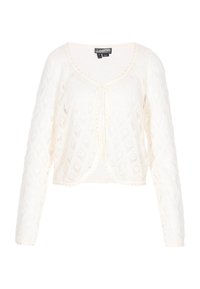 Weiße, kurze Strickjacke aus strukturiertem Gestrick mit langen Ärmeln und rundem Halsausschnitt. Mit einer gebundenen Verschluss vorne.