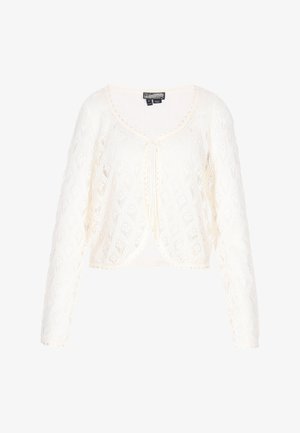 Bijeli skraćeni kardigan s teksturiranim pletenim uzorkom, dugim rukavima i okruglim izrezom. Ima vezanje sprijeda.