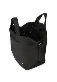 Borsa a tracolla nera realizzata in materiale liscio, con apertura superiore, doppi manici e una tasca interna con zip per una conservazione sicura.