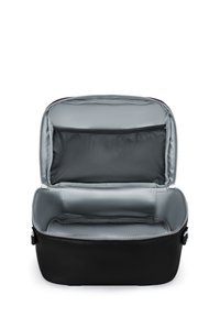 Sort rektangulær taske med lynlåslukning, med grå inderside, netlomme og en glat tekstur. Designet til organisering og opbevaring.