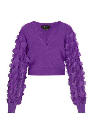 Fialový krátký svetr s pleteným tělem a průsvitnými, texturovanými rukávy s hexagonálními tvary. Design doplňují žebrované manžety.