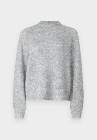 Light grey sweater with a high neck, long sleeves, and a loose fit. Made of textured knit fabric with subtle variations in color.
