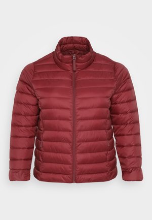 Red puffer jacket features a high collar and horizontal quilted design, made from smooth, lightweight fabric with a full zipper closure.