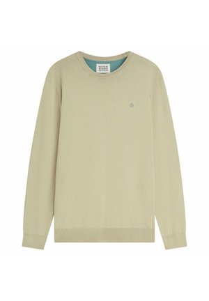 Beige long-sleeve crewneck sweater with ribbed cuffs and hem, small blue embroidered logo on the left chest area.