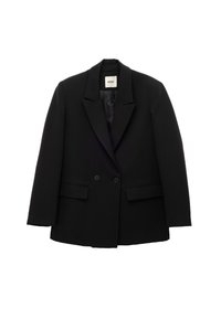 Sort blazer med et skræddersyet design, der har en klapkrave, to knapper og sidelommer. Lavet af et struktureret stof med en glat overflade.