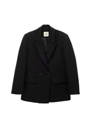 Zwarte blazer met een op maat gemaakt ontwerp, voorzien van een notch-lapel, twee knopen en zijzakken. Gemaakt van een gestructureerde stof met een gladde textuur.