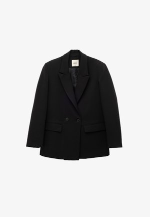 Black blazer with a tailored design, featuring a notch lapel, two buttons, and side pockets. Made of a structured fabric with a smooth texture.