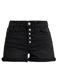 Shorts en denim noir avec cinq boutons argentés, poches avant et ourlets retroussés.