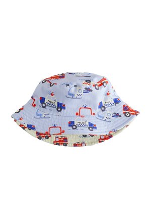 Detská klobúk typu bucket s potlačou modrých policajných áut, vrtuľníkov a červených hasičských vozidiel na svetlomodrom a béžovom pozadí.