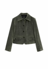 Olive green cropped jacket made of soft fabric, featuring a notched collar, button front, and two front pockets with flap.