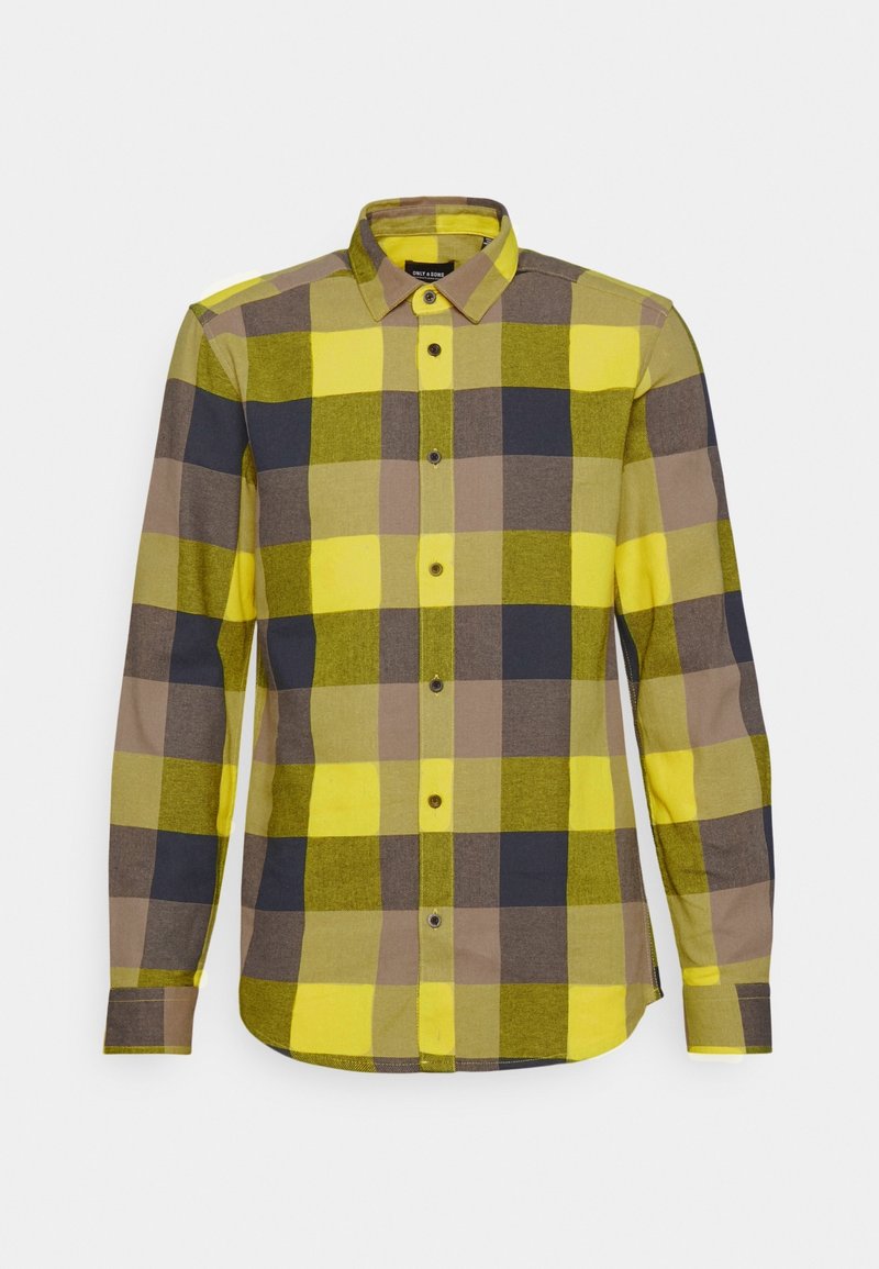 Langarmshirt met een groot ruitpatroon in geel, olijfgroen en donkerbruin. Met knoopsluiting en knoopschaft. Zachte textuur.