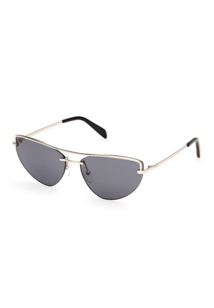 Katze-Augen-Sonnenbrille mit dunkelgrauen Gläsern, dünnem goldfarbenen Metallrahmen und schwarzen texturierten Bügelspitzen. Elegantes Design mit einer leicht katzenförmigen Silhouette.