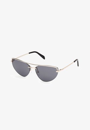 Katze-Augen-Sonnenbrille mit dunkelgrauen Gläsern, dünnem goldfarbenen Metallrahmen und schwarzen texturierten Bügelspitzen. Elegantes Design mit einer leicht katzenförmigen Silhouette.