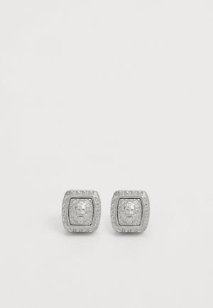 Boucles d'oreilles carrées en argent avec des bordures texturées et un design de lion au centre ; finition lisse et détails complexes sur les bords.