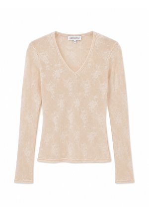 Beige trui met lange mouwen en V-hals, met subtiel bloemkantpatroon, aangesloten stijl en geribbelde structuur, maat XS van het merk ANDCOWOMAN.