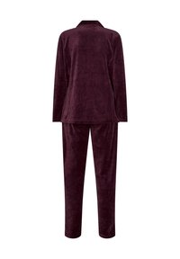 Sammlung aus Samtpajamas in tiefem Burgunderrot, bestehend aus einem Langarmoberteil mit Kragen und passenden Hosen, weicher Textur und lässigem Schnitt.
