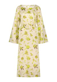 Floralen jurk met klokmouwen, beige achtergrond, grote groene en bruine bloemenprint, tailleriem, gladde stof, vloerlengte ontwerp.