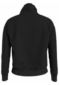 Sudadera negra con un cuello alto, puños y dobladillo acanalados. Tejido suave y diseño simple y limpio sin logos ni patrones visibles.