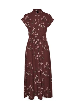 Καφέ midi φόρεμα με κοντά μανίκια, γιακά, κουμπιά μπροστά, ζώνη στη μέση και ροζ λουλουδένιο σχέδιο.