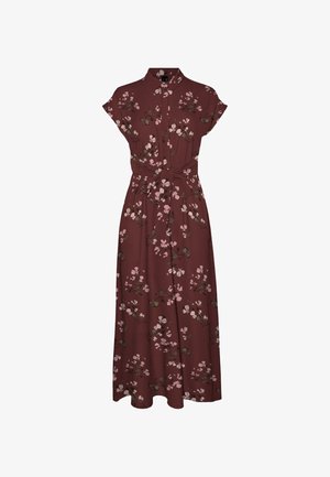 Abito midi marrone con maniche corte, colletto, chiusura con bottoni sul davanti, cintura in vita e motivo floreale rosa.