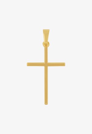 Ciondolo a croce in metallo tono oro con design elegante e minimalista. Presenta una superficie liscia e un anello per l'attacco.