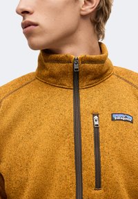 Άτομο που φοράει μια μουσταρδί fleece ζακέτα Patagonia με φερμουάρ και ψηλό γιακά, ορατά φερμουάρ και λογότυπο της μάρκας στο στήθος.